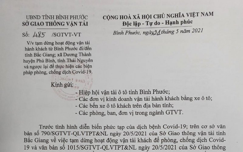 Tạm dừng vận chuyển hành khách từ tỉnh Bình Phước đi Bắc Giang, Thái Nguyên