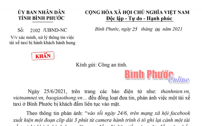 Chủ tịch UBND tỉnh yêu cầu xác minh, xử lý việc tài xế taxi bị hành khách hành hung