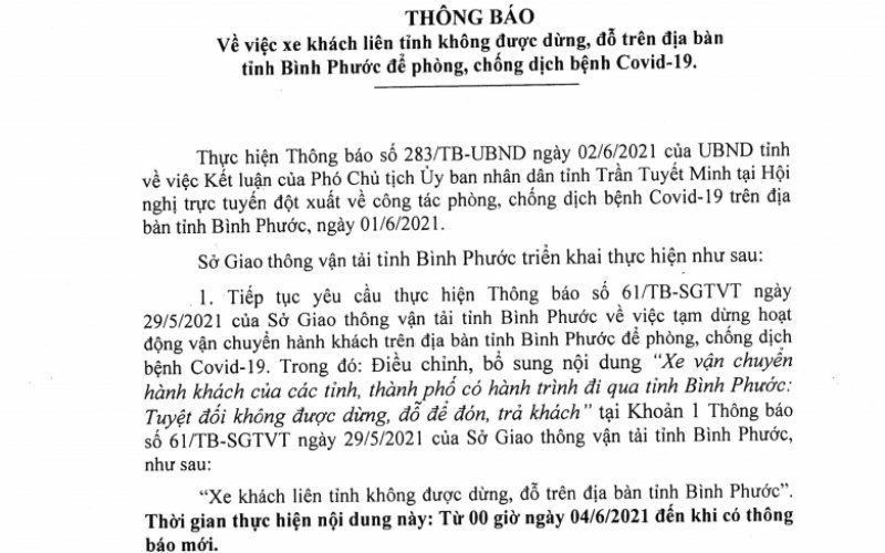 Xe khách liên tỉnh không được dừng, đỗ trên địa bàn tỉnh Bình Phước