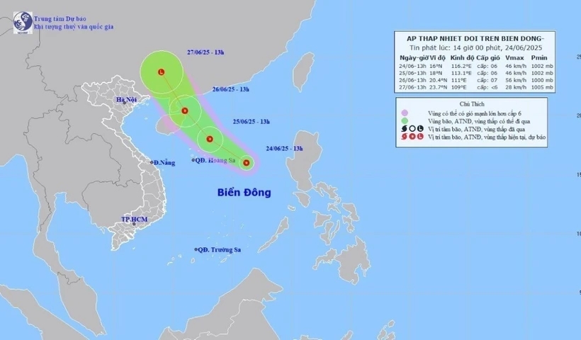 Áp thấp nhiệt đới di chuyển theo hướng Tây Bắc với sức gió cấp 6, giật cấp 8