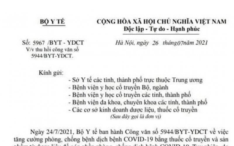 Bộ Y tế thu hồi văn bản về 12 thuốc cổ truyền hỗ trợ điều trị COVID-19