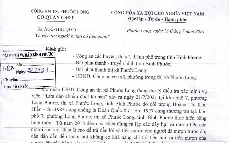 Công an thị xã Phước Long tìm người bị hại trong vụ vỡ nợ, vỡ hụi 