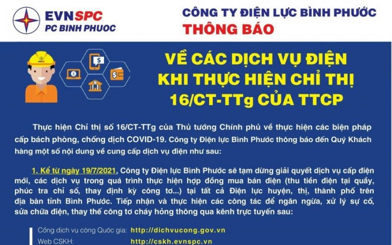 Công ty điện lực Bình Phước thông báo về các dịch vụ điện khi thực hiện Chỉ thị 16 của Thủ tướng Chính phủ