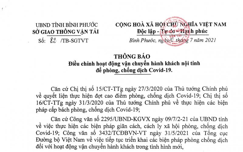 Từ 12 giờ hôm nay, 11-7, tạm dừng vận chuyển hành khách trên địa bàn huyện Chơn Thành