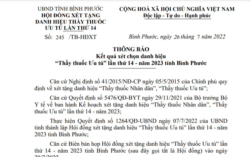 Công bố kết quả xét chọn danh hiệu “Thầy thuốc ưu tú” lần thứ 14 tỉnh Bình Phước