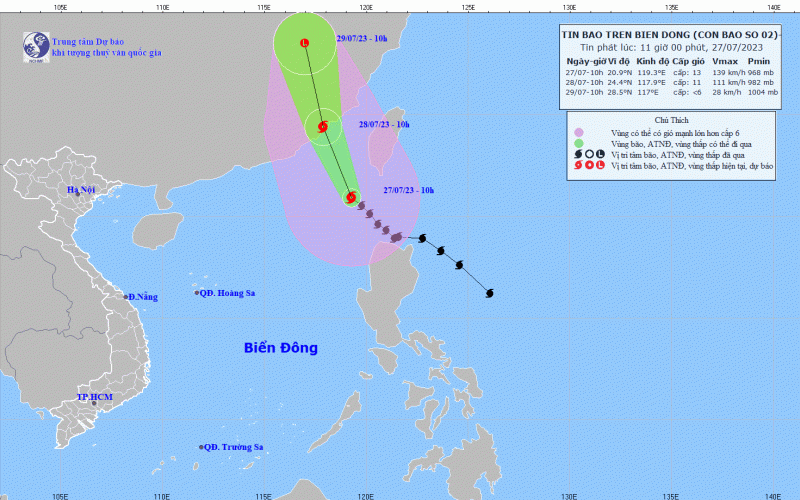 Bão Doksuri đã vào Biển Đông, thành bão số 2, giật cấp 16