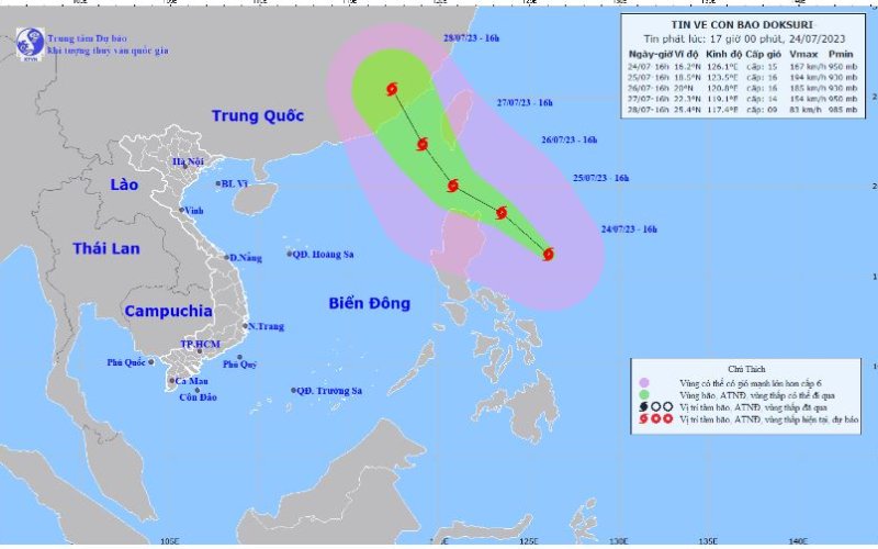 Nhiều khu vực có nắng nóng, bão Doksuri có khả năng mạnh lên