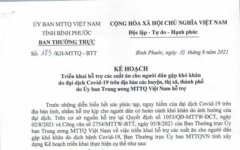 95 ngàn suất ăn hỗ trợ người dân Bình Phước gặp khó khăn do đại dịch Covid-19