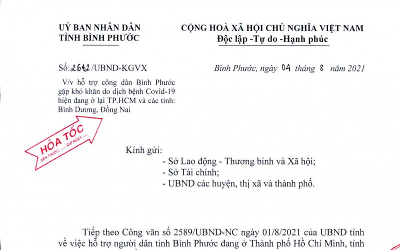 Hỗ trợ người dân Bình Phước ở TP. Hồ Chí Minh, Bình Dương, Đồng Nai gặp khó khăn do dịch Covid-19