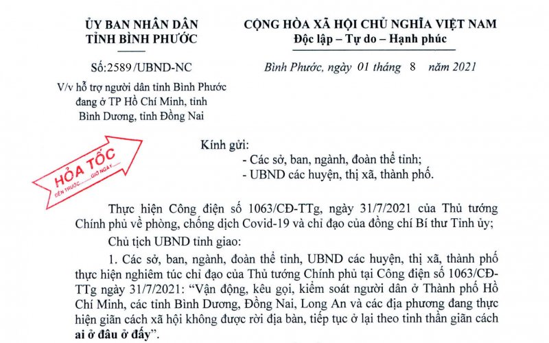 Hỗ trợ người dân tỉnh Bình Phước an tâm ở lại TP. Hồ Chí Minh, Bình Dương, Đồng Nai 
