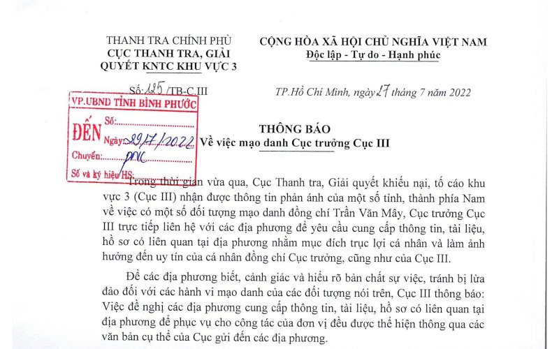 Cảnh báo việc mạo danh Cục trưởng Cục III Thanh tra Chính phủ