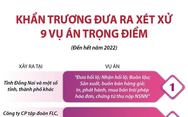 [Infographics] Khẩn trương đưa ra xét xử 9 vụ án trọng điểm