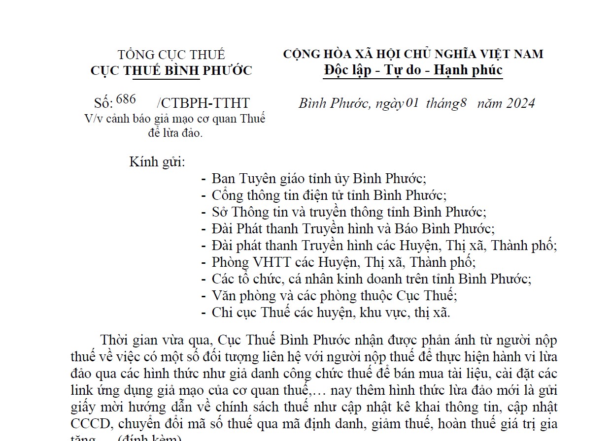 Cục Thuế Bình Phước cảnh báo giả mạo cơ quan thuế để lừa đảo