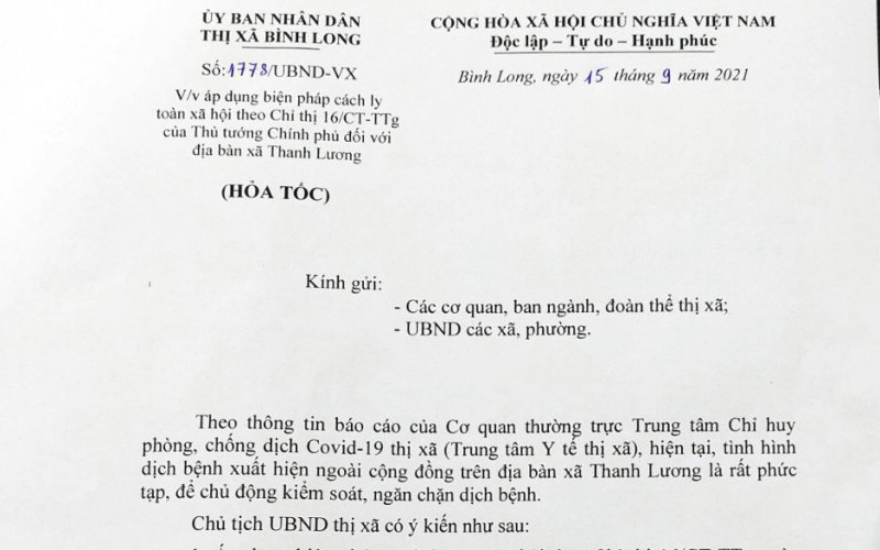 Bình Long áp dụng giãn cách xã hội theo Chỉ thị 16 với xã Thanh Lương
