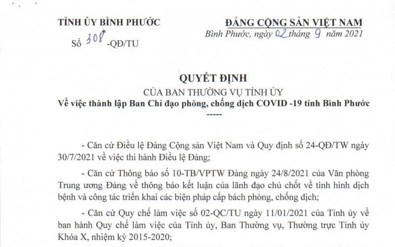 Thành lập Ban Chỉ đạo phòng, chống dịch Covid-19 tỉnh Bình Phước