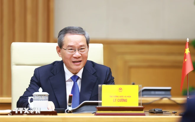 Thủ tướng Trung Quốc Lý Cường phát biểu tại cuộc hội đàm. (Ảnh: Dương Giang/TTXVN) ttxvn_thu_tuong_pham_minh_chinh_hoi_dam_voi_thu_tuong_trung_quoc_ly_cuong_131024-4.jpg
