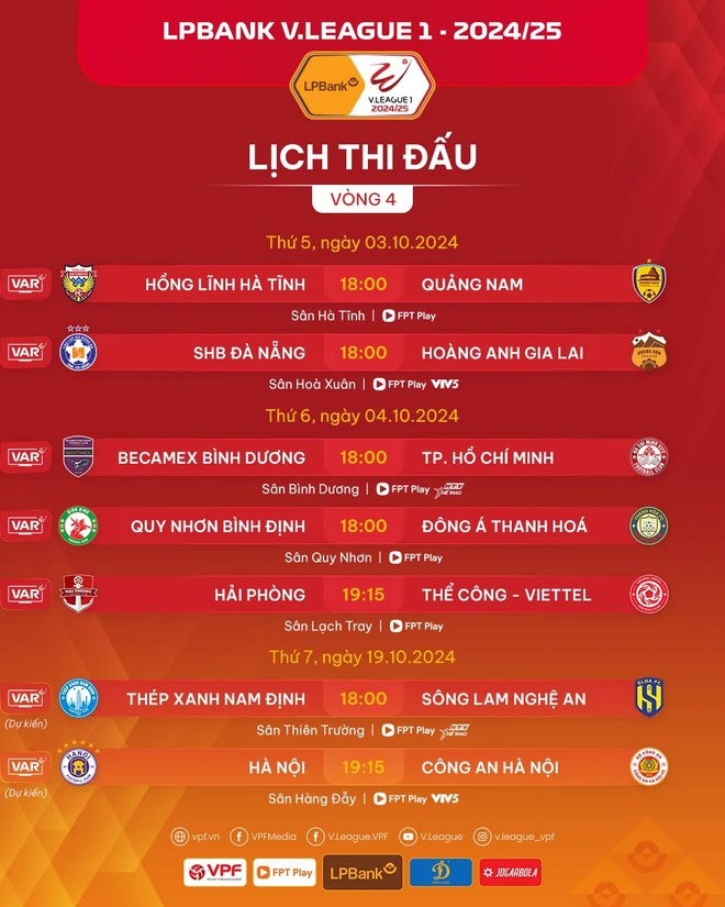 Lịch thi đấu vòng 4 Giải Vô địch Quốc gia V-League 2024-2025. (Ảnh: VPF) 461976834_927987126026381_5297944394495162917_n.jpg