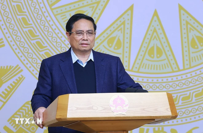 Thủ tướng phát biểu tại Phiên họp lần thứ nhất của Ban Chỉ đạo quốc gia về phát triển ngành công nghiệp bán dẫn. (Ảnh: Dương Giang/TTXVN) TTXVN_1412 Thu tuong ban dan 5.jpg