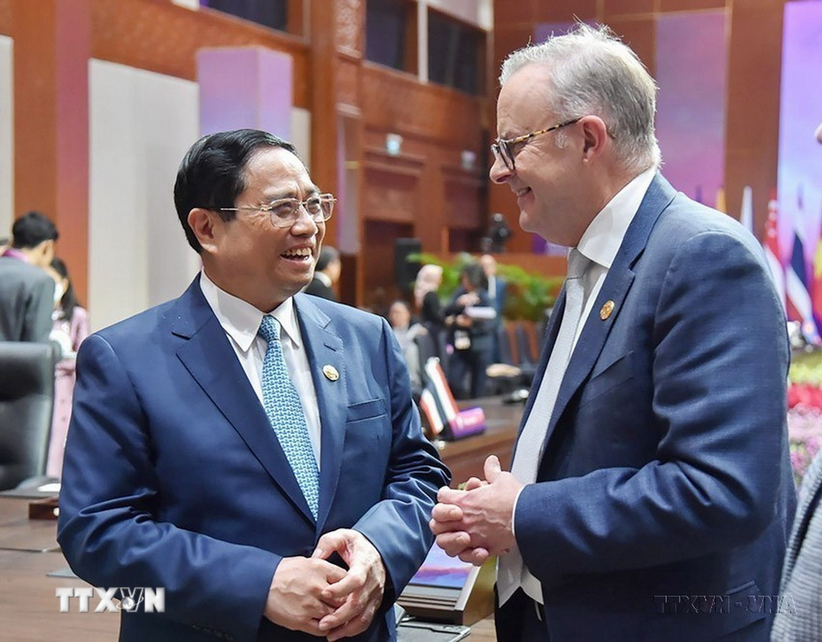 Thủ tướng Phạm Minh Chính trao đổi với Thủ tướng Australia Anthony Albanese tại Hội nghị Cấp cao ASEAN-Australia lần thứ 3, tại Jakarta, Indonesia (7/9/2023). (Ảnh: Dương Giang/TTXVN) ttxvn-2812-asean-viet-nam-20.jpg