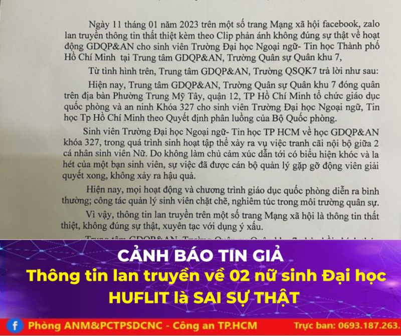 Thông tin tán phát liên quan 2 nữ sinh Trường HUFLIT bị xâm hại là tin giả -0