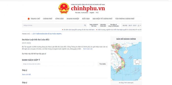 Cổng thông tin điện tử Chính phủ lấy ý kiến nhân dân vào dự thảo Luật đất đai (sửa đổi)