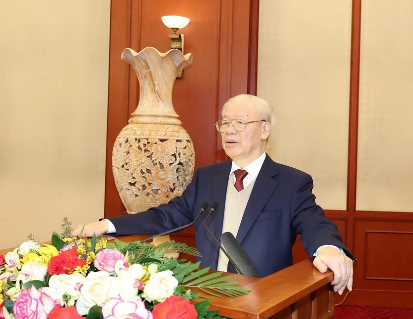 Tổng Bí thư Nguyễn Phú Trọng phát biểu tại phiên họp đầu tiên Tiểu ban Văn kiện Đại hội XIV của Đảng. (Ảnh: Trí Dũng/TTXVN)