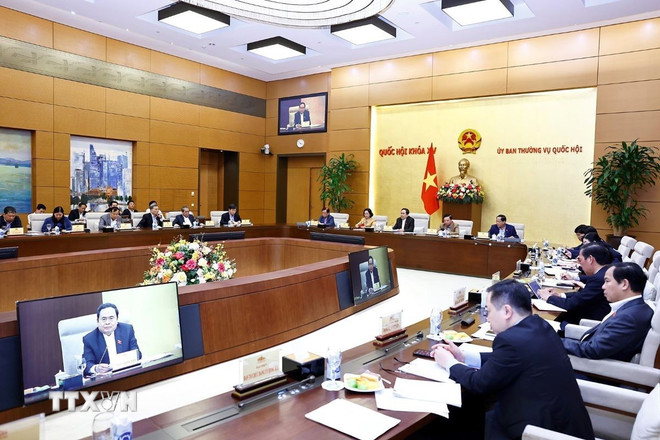 Quang cảnh cuộc họp. (Ảnh: Doãn Tấn/TTXVN) ttxvn-chu-tich-quoc-hoi-tran-thanh-man-chu-tri-hop-giao-ban-voi-cac-co-quan-cua-quoc-hoi-0403-2.jpg