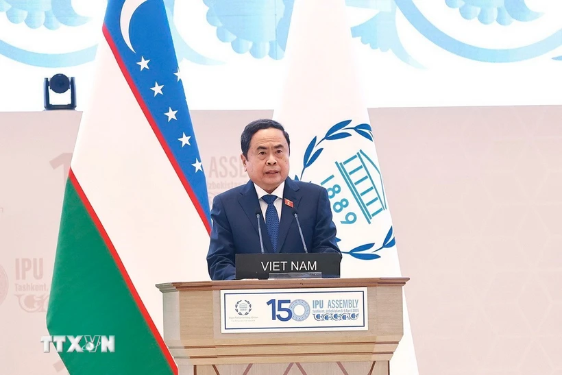 Chủ tịch Quốc hội Trần Thanh Mẫn phát biểu tại Phiên thảo luận chung IPU-150. (Ảnh: Doãn Tấn/TTXVN)