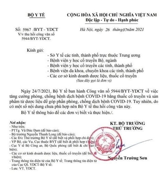 Bộ Y tế thu hồi văn bản về 12 thuốc cổ truyền hỗ trợ điều trị COVID