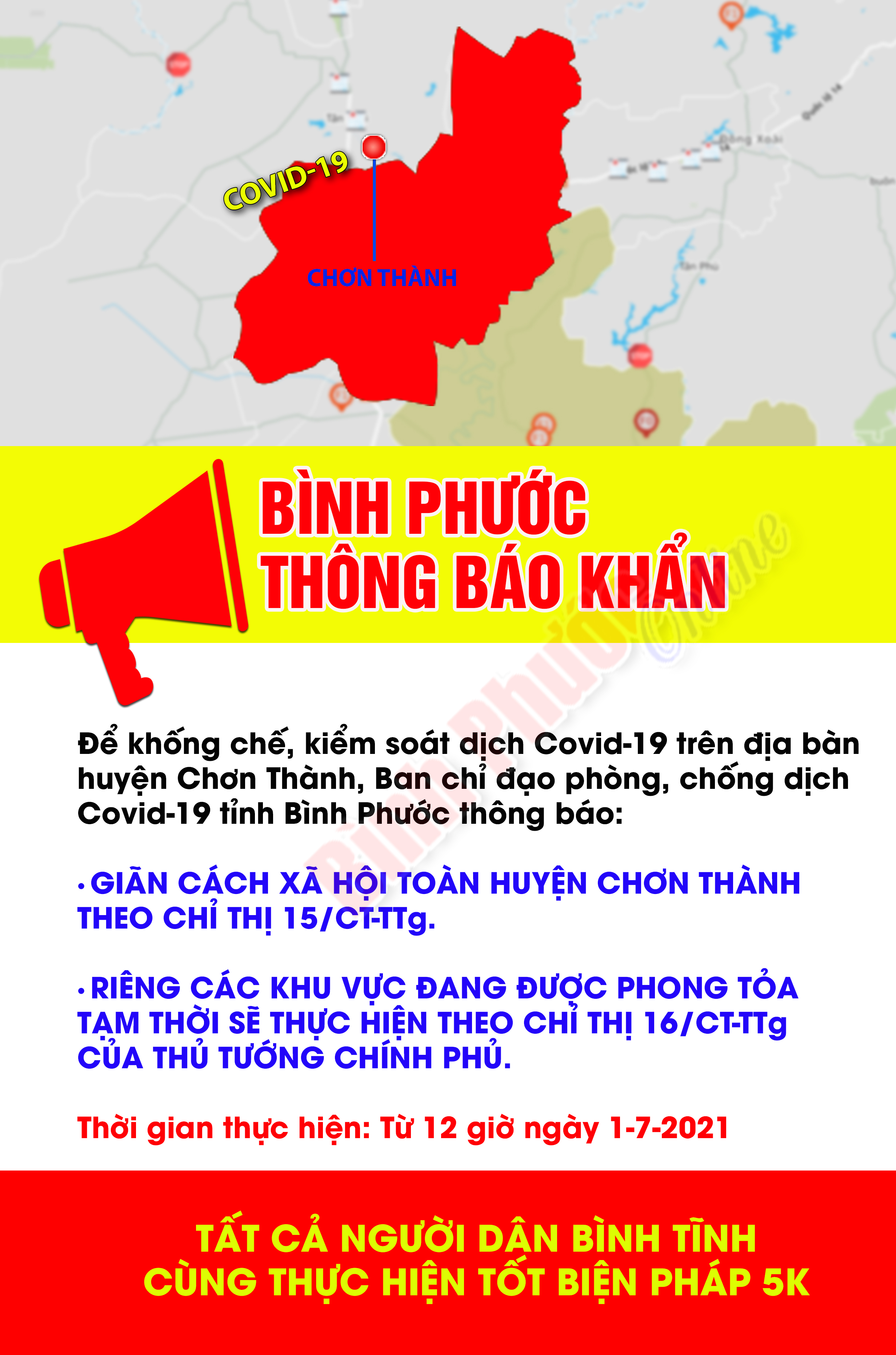 Khẩn: Giãn cách xã hội toàn huyện Chơn Thành theo Chỉ thị 15 từ 12 giờ ngày 1-7