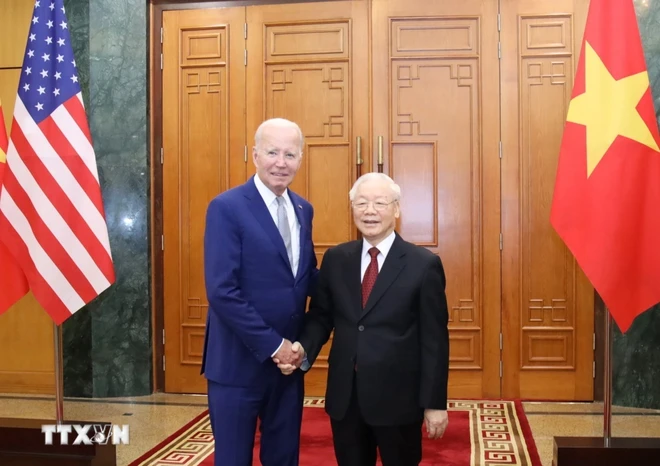 Tổng Bí thư Nguyễn Phú Trọng và Tổng thống Hoa Kỳ Joe Biden trước khi tiến hành hội đàm, chiều 10/9/2023. (Ảnh: Trí Dũng/TTXVN) 2808VietnamHoaky.jpg