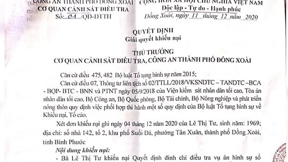 Bản tin 100 độ ngày 13-12: Công an thành phố Đồng Xoài bác đơn khiếu nại của vợ ông Lương Hữu Phước