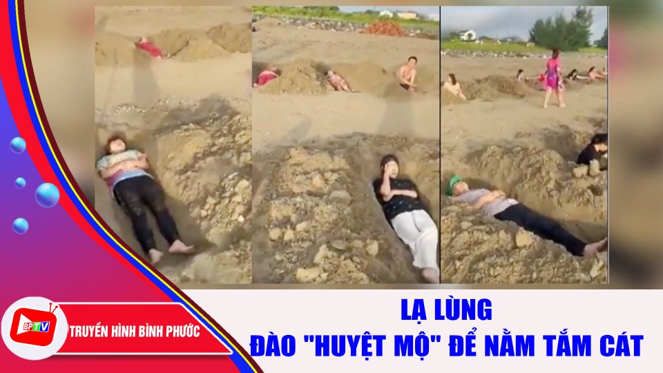 Lạ lùng nhóm du khách đào hàng chục "huyệt mộ" để nằm tắm cát |BPTV
