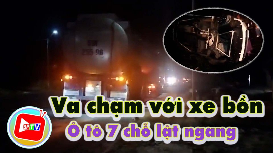 Ô tô 7 chỗ lật ngang sau va chạm với xe bồn 
