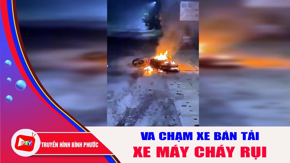 Xe máy bốc cháy sau cú va chạm nảy lửa với xe bán tải, 2 người “ra đi” |BPTV
